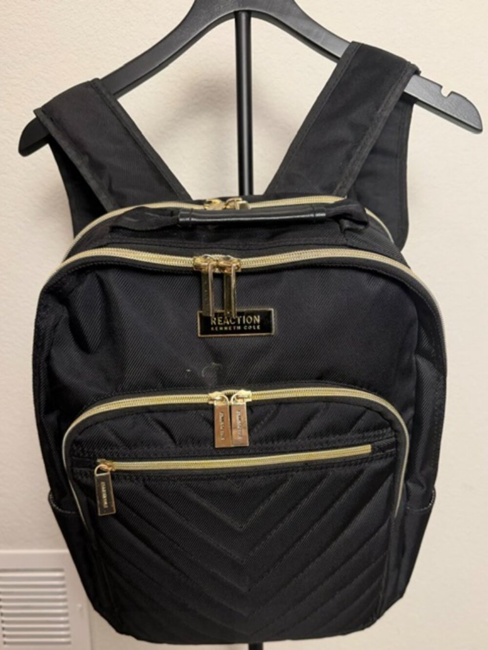 Reaction Kenneth Cole Black Quilted Backpack Gold Hardware